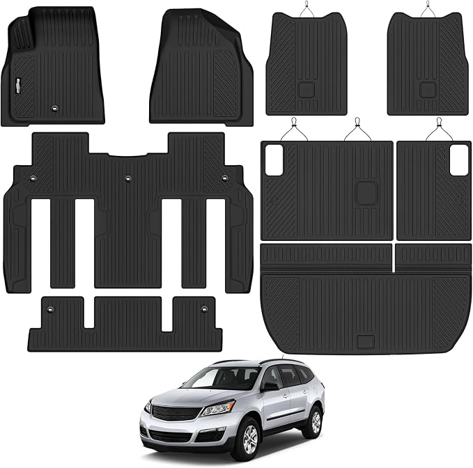 Floor Mats for 2009-2017 Chevy Traverse/2008-2017 Buick Enclave 7 Seats/Captain Seat, Trunk Mat and 2nd&3rd Backrest Mat All Weather TPE Protector for Chevy Traverse Accessories