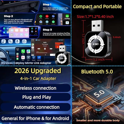 4 in 1 Wireless CarPlay Adapter 2026 Upgraded,4 in 1 Screen Mirroring Support AirPlay/Mirror Link for iPhone & Android, Mini Design, Bluetooth 5.0, USB & USB-C, Plug & Play, Wired to Wireless Convert