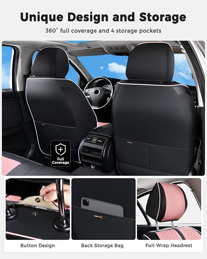 Huidasource Seat Covers Full Set, Luxury Nappa Leather Seat Covers with Velcro Adjustable, Airbag, Lumbar Support, Cooling ＆ Heating, Pink Car Seat Covers Fit for Most Cars SUV Trucks, Black＆Pink