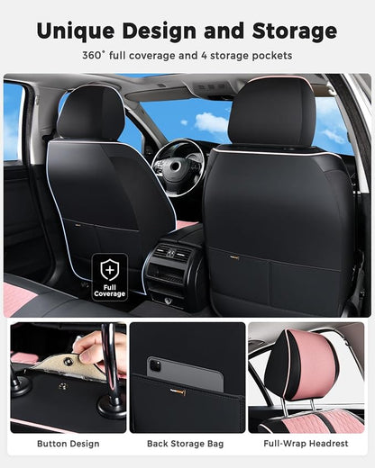 Huidasource Seat Covers Full Set, Luxury Nappa Leather Seat Covers with Velcro Adjustable, Airbag, Lumbar Support, Cooling ＆ Heating, Pink Car Seat Covers Fit for Most Cars SUV Trucks, Black＆Pink
