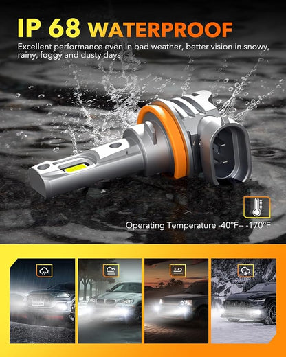 OXILAM H11 LED Bulbs H8 H9 6500K Cool White Fog Bulb, 32000LM 800% Brighter, Plug and Play, 1:1 Mini Size, IP68 Waterproof, Fanless, Pack of 2