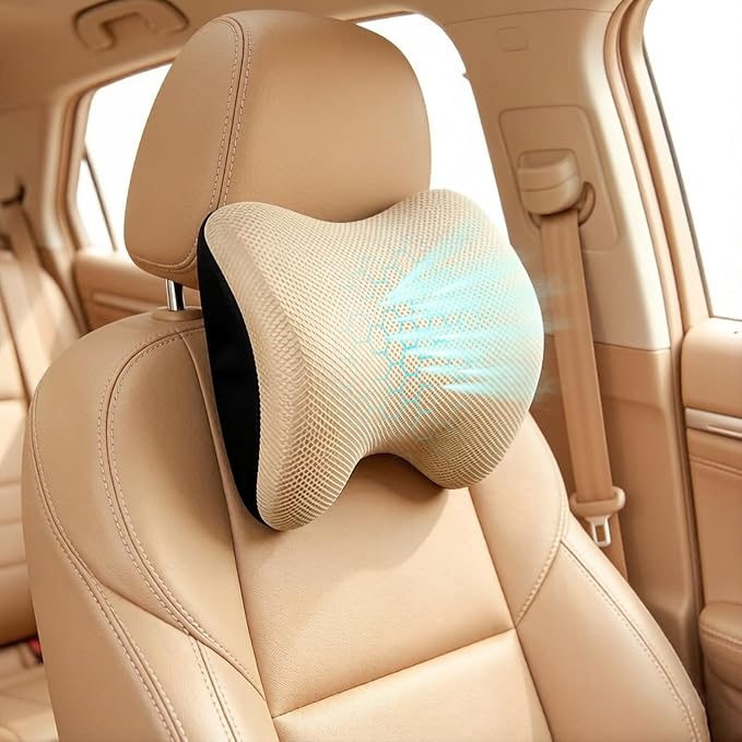 SPRFUFLY Make Restful Car Headrest Pillow, Car Pillow for Driving with Adjustable Strap, Breathable Removable Cover & Ergonomic Design - Softness Travel Car Neck Support Pillow(Beige, 1PC)