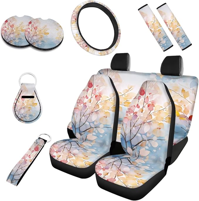 Forest Car Seat Cover Set of 10, Watercolor Tree Leaf Soft Automotive Rear Front Seat Protector Car Cover, Colorful Abstract Cherry Blossom Safety Belt Coaster Keychain