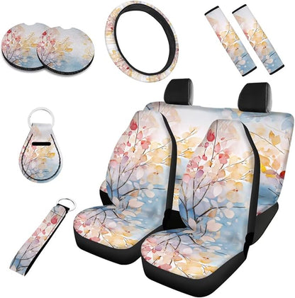 Forest Car Seat Cover Set of 10, Watercolor Tree Leaf Soft Automotive Rear Front Seat Protector Car Cover, Colorful Abstract Cherry Blossom Safety Belt Coaster Keychain