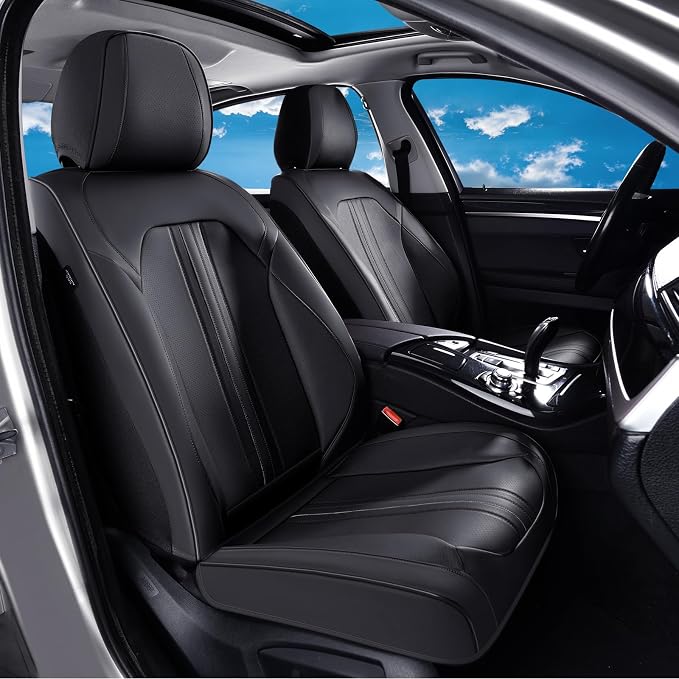Huidasource Seat Covers, Luxury Faux Leather Car Seat Cover, Velcro Adjustable, with Airbags, Seat Belts, Thinning Design Perforation Cooling Heating Universal Fit for Most Cars Vans Trucks SUVs Black