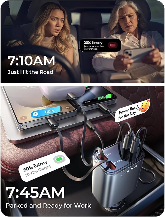 LISEN Retractable Car Charger, 84W Car Charger USB C Fast Charger Adapter, Car Accessories for Men Women, Gifts for Fathers Day for Men Dad Husband, for iPhone 17 16 15 14 13 12 Pro Max, Christmas | Multiple Ports Car Charger, Retractable Car Charger F...