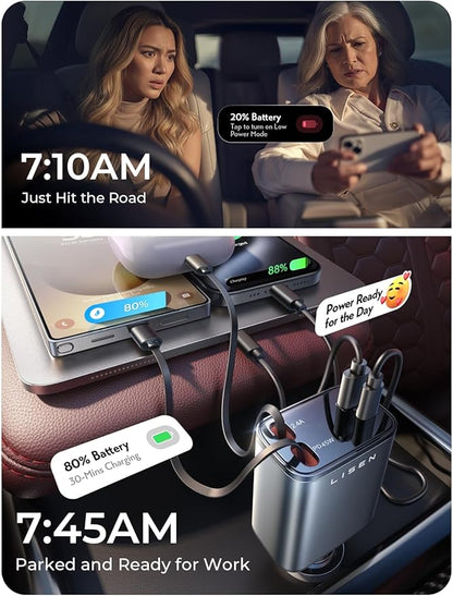LISEN Retractable Car Charger, 84W Car Charger USB C Fast Charger, Cigarette Lighter USB Charger Adapter, Car Accessories Birthday Gifts for Men Women Dad Mom Husband, for iPhone 17 16 15 14 13 12 11