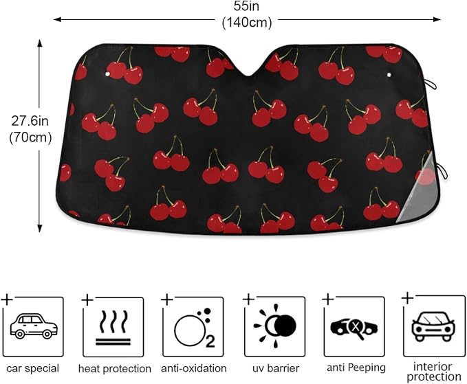 Red Cherry Black Car Windshield Sun Shade Foldable UV Ray Sun Visor Protector Sunshade to Keep Your Vehicle Cool (55" x 27.6")
