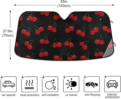 Red Cherry Black Car Windshield Sun Shade Foldable UV Ray Sun Visor Protector Sunshade to Keep Your Vehicle Cool (55" x 27.6")