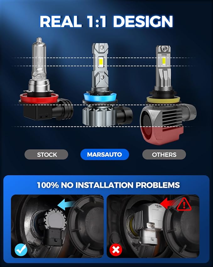 Marsauto H11 Bulb, 30000LM Brightness Output 6000K Cool White,H8 H9 H11 Fog Bulbs IP68 Waterproof 60000Hrs Lifespan, 3Mins Installation, 2 Pack