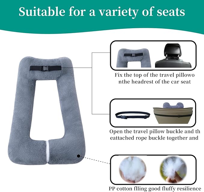 FHSGGP Travel Pillow Upgraded Version of Aircraft Travel Neck Pillow with Storage Bag, Sleep Pillows for Travel by Train, Car, or Plane, Supporting the Head and Body, Travel Pillow for Kids Grey