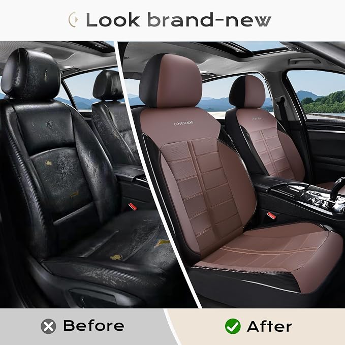 Coverado Front Seat Leather Covers, Full Leather Construction with Carbon Fibre Weave, Universal Fit for Most Cars SUV Trucks (Coffee)