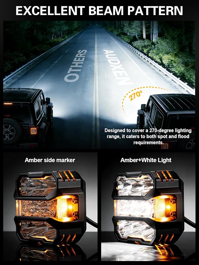 AUDEXEN 4.5 Inch LED Pods Lights 110W - Offroad Driving Light with Amber Side Marker, 800% Bright White & Amber Combo Work Lights Flood Spot Beam, LED Cubes Fog Lamp for Jeep Trucks ATV UTV RZR SUV