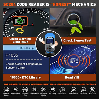CGSULIT Scan Tool SC204 OBD2 Scanner, Check Engine Light Code Reader with Reset, One-Click I/M, Clear Error Code, DTC Lookup & More, Car Diagnostic Tool for All OBDII/EOBD Vehicles After 1996, Grey