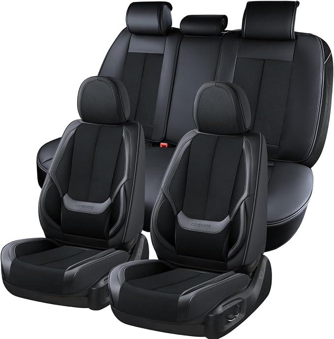 Coverado Front and Back Seat Covers 5 Pieces, Full Set Universal Seat Covers for Cars, Breathable Fabric&Leather Car Seat Protectors, Car Seat Cushions Compatible with Most Sedans SUV Pick-up Truck