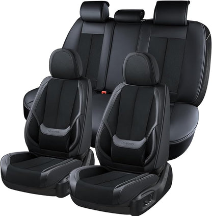 Coverado Front and Back Seat Covers 5 Pieces, Full Set Universal Seat Covers for Cars, Breathable Fabric&Leather Car Seat Protectors, Car Seat Cushions Compatible with Most Sedans SUV Pick-up Truck