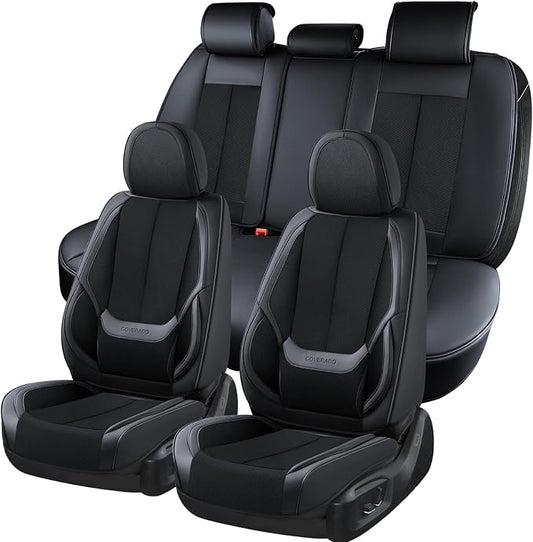 Coverado Front and Back Seat Covers 5 Pieces, Full Set Universal Seat Covers for Cars, Breathable Fabric&Leather Car Seat Protectors, Car Seat Cushions Compatible with Most Sedans SUV Pick-up Truck