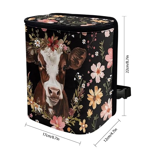 Talayituse Cow Flower Print Car Trash Can, Portable Auto Garbage Bin Multifunctional Vehicle Interior Accessories with Adjustable Straps Universal Fit Truck SUV Sedan