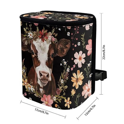 Talayituse Cow Flower Print Car Trash Can, Portable Auto Garbage Bin Multifunctional Vehicle Interior Accessories with Adjustable Straps Universal Fit Truck SUV Sedan