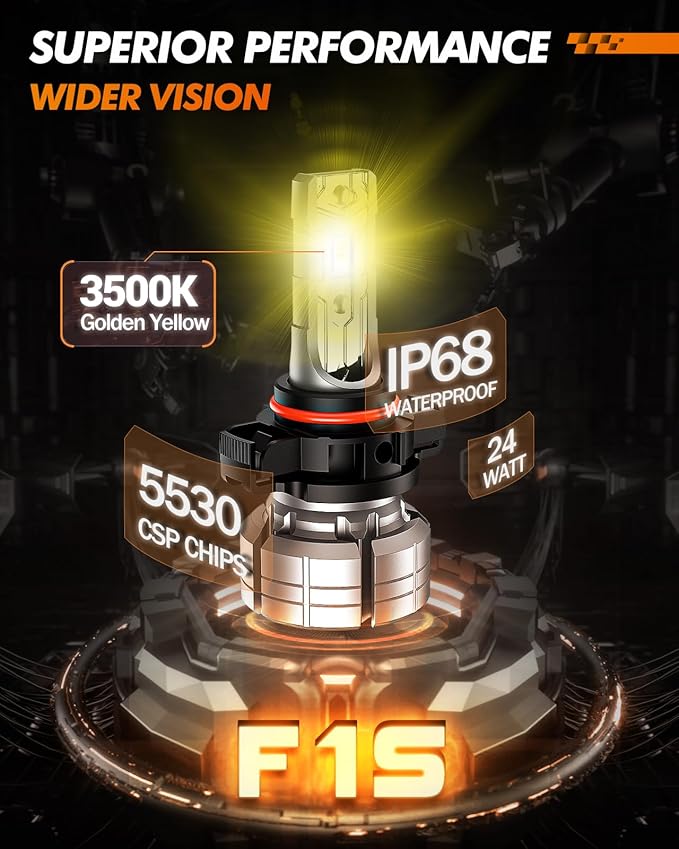 SEALIGHT 5202 LED Fog Light Bulbs Yellow, 12000LM 24W Strong Penetration 5202 5201 PS19W PS24W Fog Light Bulbs LED, 3000K Amber Yellow Fog Lights LED with 5530 CSP Chips. Pack of 2