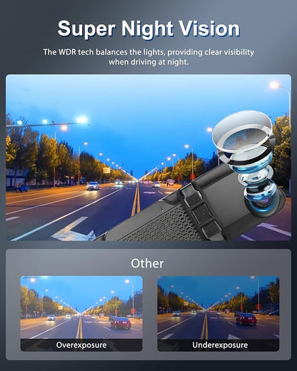 Podofo 12" Mirror Dash Cam with Wireless Carplay&Android Auto,4K Front Mirror Dash Cam with IPS Touchscreen,Support Night Vision,Voice Control,Parking Assistance,G-Sensor,24H Parking Monitor