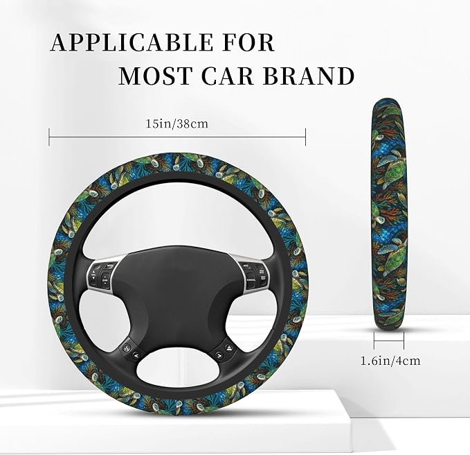 Sea Turtle Steering Wheel Cover + 2 Cup Coasters - Neoprene Non-Slip, Breathable Elasticity Universal Fit 14.5-15.6 Inch for Cars/Trucks/SUV - Car Interior Decoration