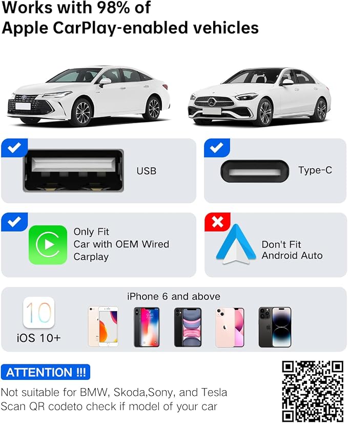 2025 Upgraded Wireless CarPlay Adapter for iPhone, Mini USB/Type-C Design, OTA Updates, Fast Connection for iOS 10+, Dual-Band Wi-Fi