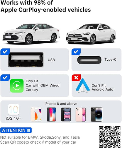 2025 Upgraded Wireless CarPlay Adapter for iPhone, Mini USB/Type-C Design, OTA Updates, Fast Connection for iOS 10+, Dual-Band Wi-Fi