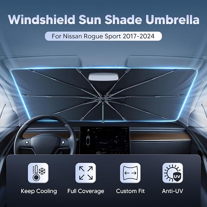 Autorder Windshield Sun Shade Umbrella for 2017-2024 Nissan Rogue Sport Accessories,Upgraded Ice Crystal Material,Easy Setup Umbrella Sunshade for Car Windshield,100% Sun Blocking(Not for Rogue)
