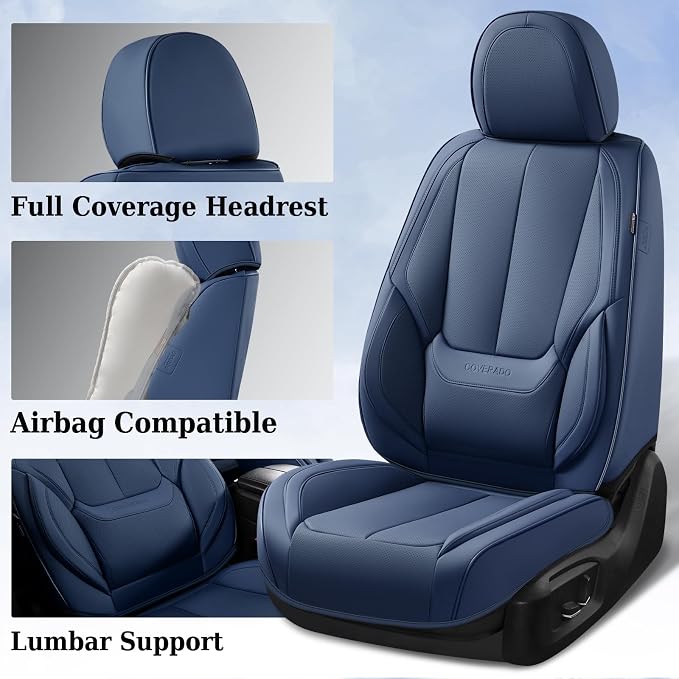 Coverado Seat Covers, Car Seat Covers Full Set, Leather Seat Covers for Cars, Car Seat Protector, Blue Car Seat Covers Front Seats and Back Seats Universal Fit for Most Cars