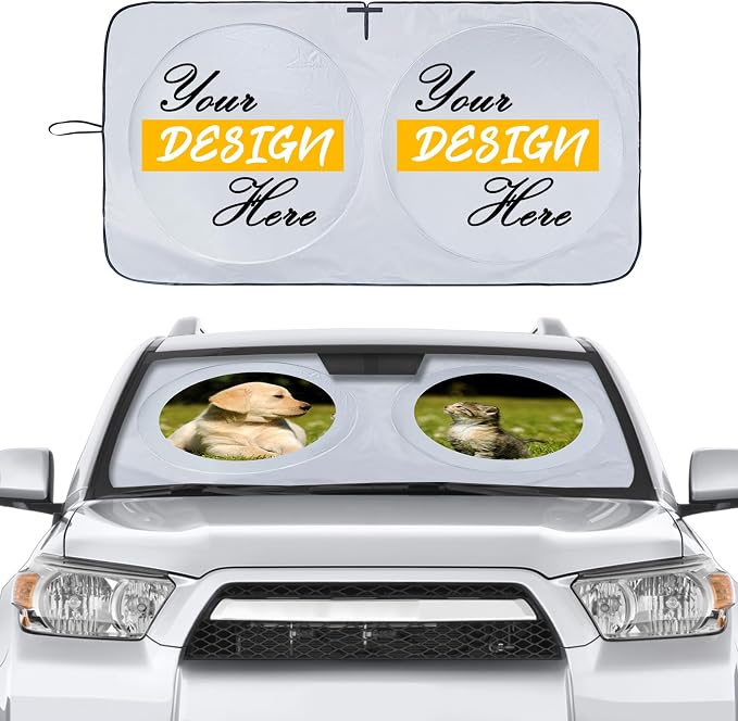 Custom Car Windshield Sun Shade, Personalized Foldable Front Window Sun Visor Protector Shield with Your Customized Photo Text Logo Design, Fits Most Sedans, SUVs, Vans, MPV, Trucks (Large)