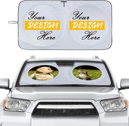 Custom Car Windshield Sun Shade, Personalized Foldable Front Window Sun Visor Protector Shield with Your Customized Photo Text Logo Design, Fits Most Sedans, SUVs, Vans, MPV, Trucks (Large)