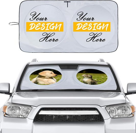 Custom Car Windshield Sun Shade, Personalized Foldable Front Window Sun Visor Protector Shield with Your Customized Photo Text Logo Design, Fits Most Sedans, SUVs, Vans, MPV, Trucks (Large)