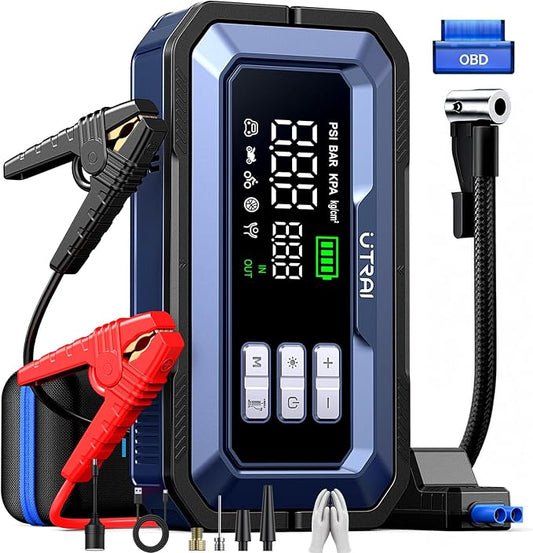 UTRAI Jump Starter with Air Compressor,8000A Portable Car Battery Jump Starter for All Gas/12L Diesel,150PSI Tire Inflator with Auto Shut-Off,160W DC Output, 2000LM Light,OBD2 Scanner