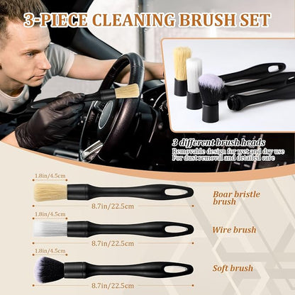 Weysat 10 Pcs Leather Car Interior Detailing Brush Set, Microfiber Cloth Applicator, Absorbent Sponge Block, Natural Bristles Brushes Scratch-free Ultra-soft for Interiors Furniture Seats Leather Care