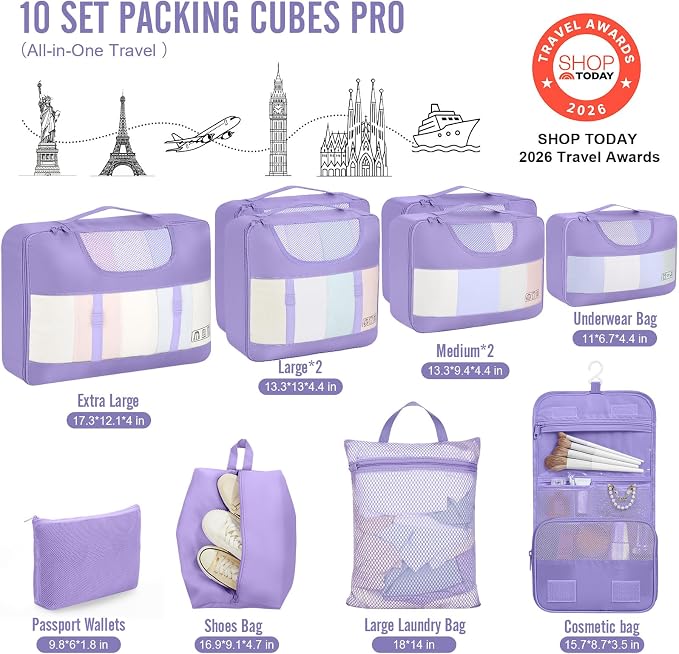 Veken 10 Set Packing Cubes for Travel Essentials,Anti-Wrinkle Buckled Suitcase Organizer for Shoe & Toiletry Bag,Carry On Luggage Bag with 99+ Count Mesh Holes for Airplane & College Dorm Accessories