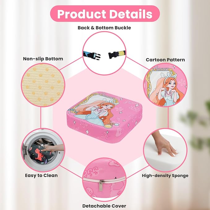 Toddler Booster Seat for Dining Table, 4" Kids Booster Seat for Kitchen Chair with Non-Slip Bottom, Portable Detachable Washable Increasing Cushion with 2 Adjustable Straps (Princess)