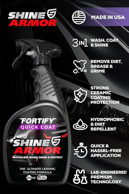 SHINE ARMOR Fortify Quick Coat - 24oz Ceramic Waterless Detailer Spray | 3-in-1 Wash, Wax & Nano-Ceramic Coating | Mirror Shine, Zero Streaks, No Dust Residue | 6-12 Month Protection | Made in USA