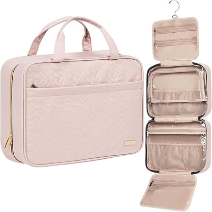 NISHEL Travel Toiletry Bag for women, Portable Hanging Organizer for Family-Sized Shampoo, Conditioner, Brushes Set, Makeup Accessories, Extra Large Size, Pink