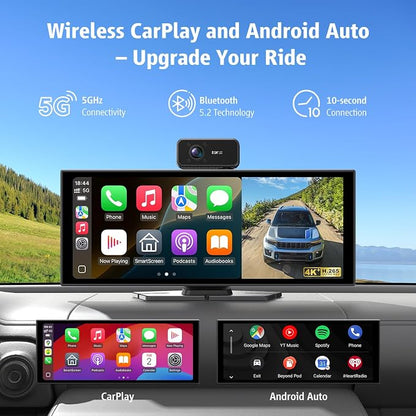 Portable Wireless CarPlay Screen, 10.26" Fully Laminated IPS Touch Screen Car Stereo with Wireless CarPlay & Android Auto, 4K Front 2.5K Rear Dash Cam,1080P Backup Camera,Super Link,Plug & Play