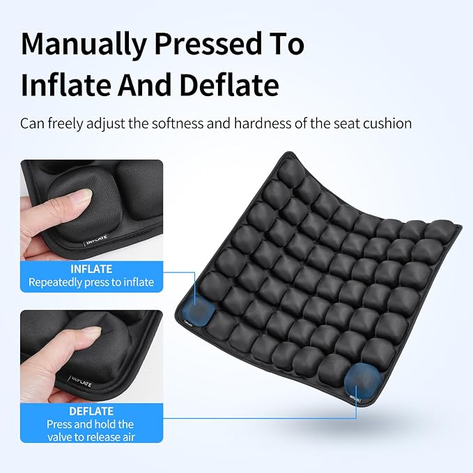JFT Inflatable Air Seat Cushion for Pressure Relief - 56 Interconnected Air Cells - Ergonomic Pad for Office Chair, Wheelchair & Car - Built-in Pump for Easy Inflation - Lycra & TPU, 17.7" x 15.7"