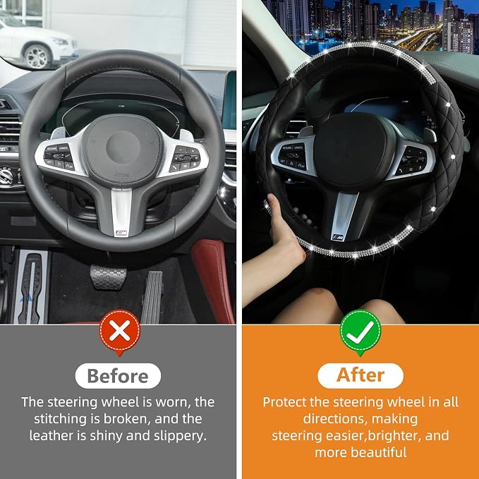 Steering Wheel Cover，with Sparkly Crystal Rhinestone, Delicate and Anti-Slip Bling Steering Wheel Cover ，Adaptable to 14.5-15 inches Car Wheel Protector for Women Girl，Diamond Car Accessories, Black