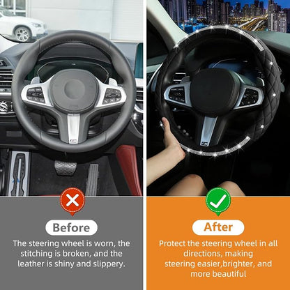 Steering Wheel Cover，with Sparkly Crystal Rhinestone, Delicate and Anti-Slip Bling Steering Wheel Cover ，Adaptable to 14.5-15 inches Car Wheel Protector for Women Girl，Diamond Car Accessories, Black