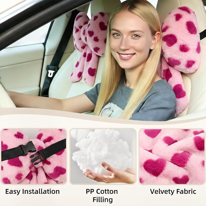 Sexysamba 2 Pcs Plush Bow Car Headrest Neck Pillow Cute Bow Pillow for Car Seat Décor Soft Neck Support for Comfortable Driving Traveling Office Fluffy Head Rest Cushion, Pink Heart Print