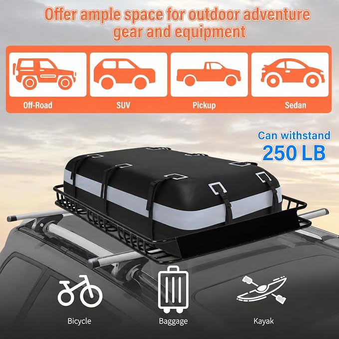 Heavy Duty Universal Rooftop Cargo Carrier Roof Rack, 64"x36"x5" Roof Rack Basket with 20 Cu.Ft Waterproof Bag, for SUV, Truck and Van, 250lbs Capacity, Corrosion Resistant (ROOF 64" and Bag)