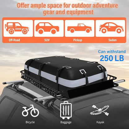 Heavy Duty Universal Rooftop Cargo Carrier Roof Rack, 64"x36"x5" Roof Rack Basket with 20 Cu.Ft Waterproof Bag, for SUV, Truck and Van, 250lbs Capacity, Corrosion Resistant (ROOF 64" and Bag)