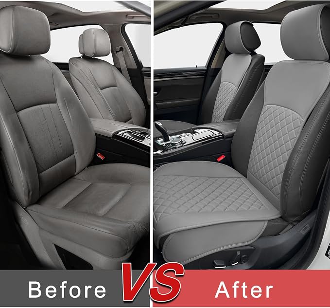 BEITK 2 Pack Leather Front Seat Covers, Universal Sideless Car Seat Protectors, Waterproof Automotive Seat Cover for Most Cars Trucks SUV(Gray)
