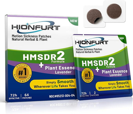 Hionfurt HMSDR2 64ct Motion Sickness Patches with Plant Essence – Lavender – Sea Sickness Patches for Cruise, Car, Airplane – Non-Drowsy, 72H Lasting