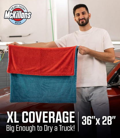 McKillans® Extra Large Dual-Color Car Drying Towel XL - Edgeless & Ultra Soft & Absorbent - 36" x 28" - 1200 GSM Twisted Loop Microfiber Towel for Cars - Drying Towel Car Detailing - Car Wash Towels