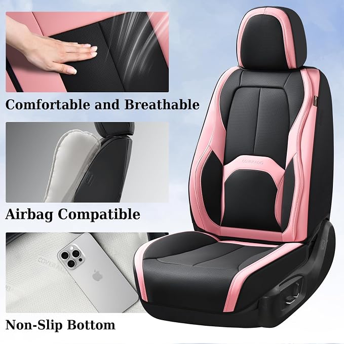 Coverado Seat Covers, Car Seat Covers Front Seats, Nappa Leather Seat Covers for Cars, Waterproof Car Seat Protector with Lumbar Support, Front Seat Covers Universal Fit for Most Cars (Black&Pink)